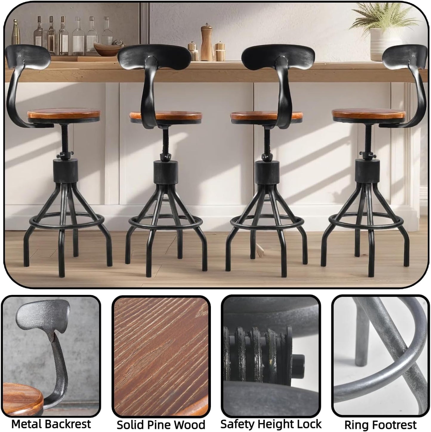 Set of 2 Vintage Bar Stool- Industrial Swivel Kitchen Dining Chair-Counter Height 23-33"-with Backrest