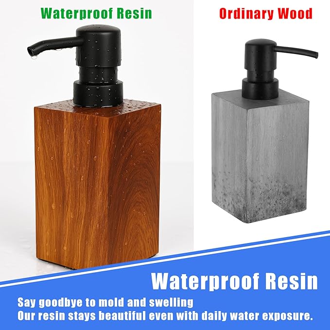 Resin Soap Dispenser with Walnut Wood Grain Look, 16.9 oz Refillable Lotion Bottle for Bathroom, Kitchen, Sink Countertops – Durable, Moisture-Resistant, Rustic Farmhouse Décor