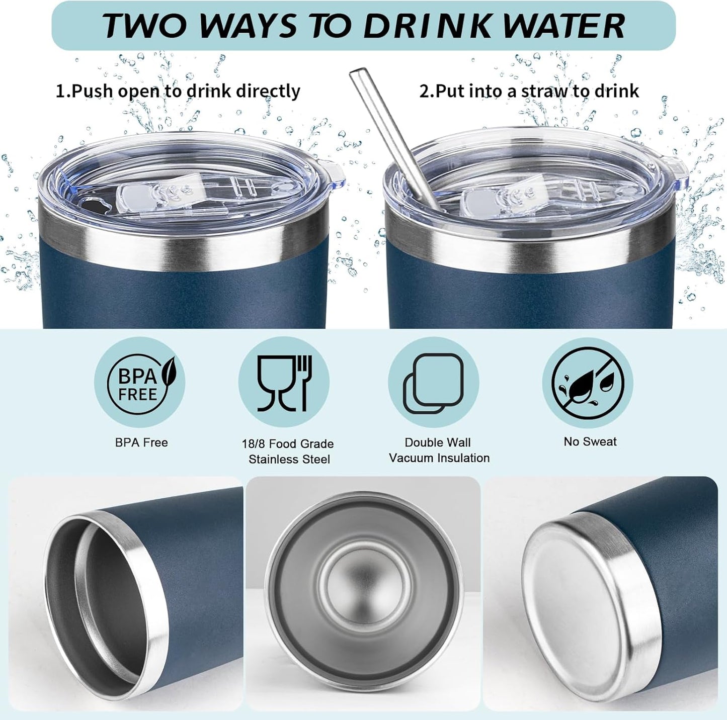 20oz Tumbler with Straw and Brush, Stainless Steel Vacuum Insulated tumbler, Double Wall Insulated Coffee Tumbler for Outdoor, Home, Travel,Office (Navy Blue,4pcs)
