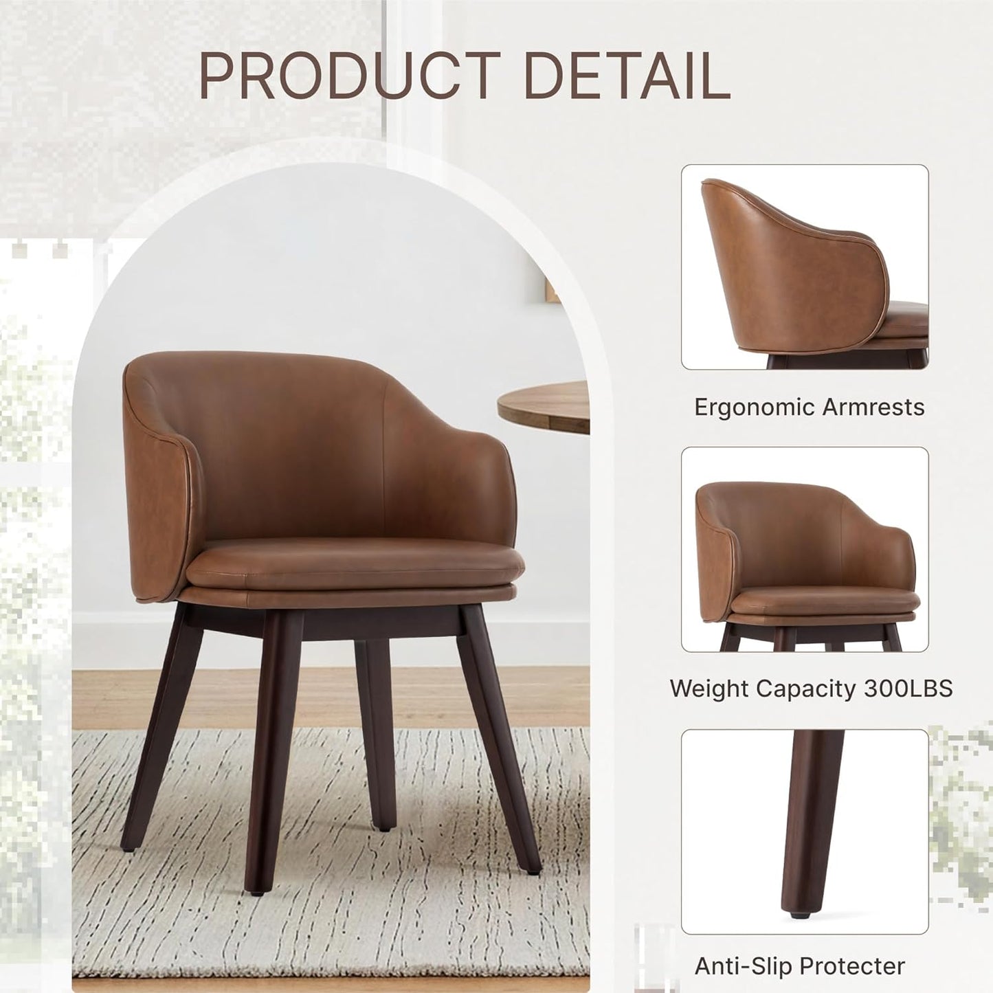 Wooden Dining Chairs Set of 2, Faux Leather Upholstered Modern Dining Room Chairs with Barrel Backrest & Double-Layer Thick Cushion for Living Room, Restaurant, Kitchen and Café, Brown