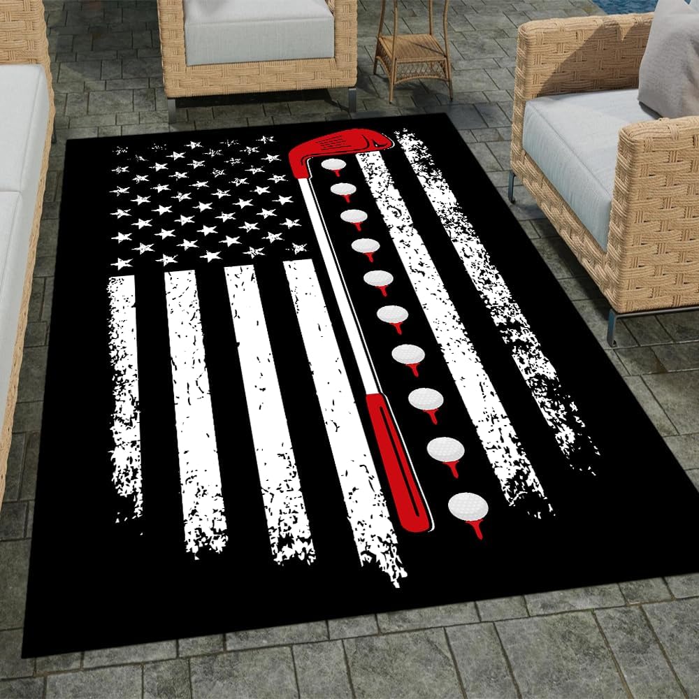 Custom Golf Area Rug, Golf Rugs for Living Room, Non Slip Area Mat Rugs for Office Living Room Indoor, Golf Carpet Floor Mat Indoor for Boys Golf Home Decor (Golf Black Background)