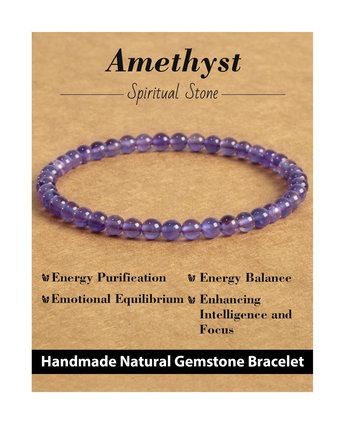 Landorilo Beaded Bracelet for Men Women, 4mm Natural Stone Amethyst Healing Crystal Stretch Bracelets, Ideal Christmas Birthday Jewelry Gifts with Energy Card，Replacement Beads Included