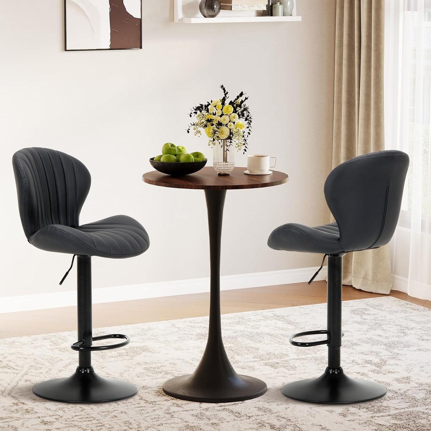 COLAMY Bar Stools Set of 3, Modern Swivel Bar Chairs, Adjustable Faux Leather Upholstered Barstools Counter Height with High Backrest for Bar, Kitchen Island, Dining Room, Black