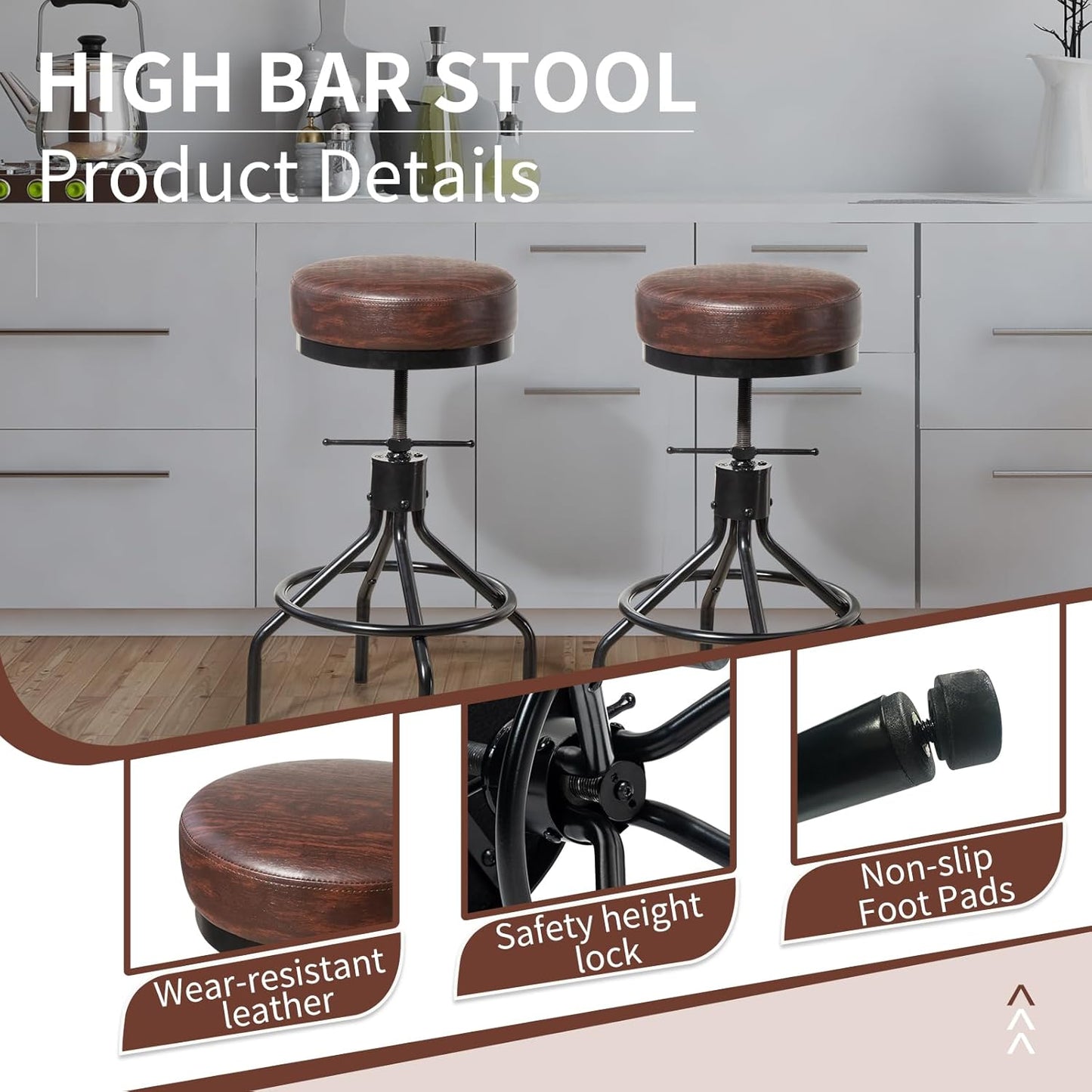 Counter Height Bar Stools Set of 3 Adjustable Swivel Barstools Industrial Modern PU Leather 28inch Round Backless Counter Height Stool Metal Bar Chair for Kitchen Island (3, Walnut)