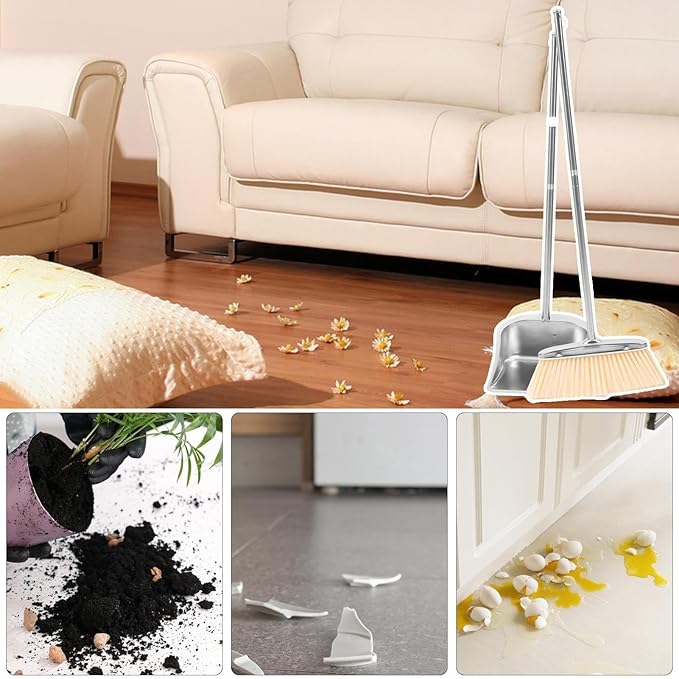 Stainless Steel Broom and Dustpan Set, Long Handle Floor Cleaning Tool & Home Cleaning Equipment, Heavy Duty Sweep Accessory for Living Room Bedroom Study Apartment Garage Bathroom Restaurant Office