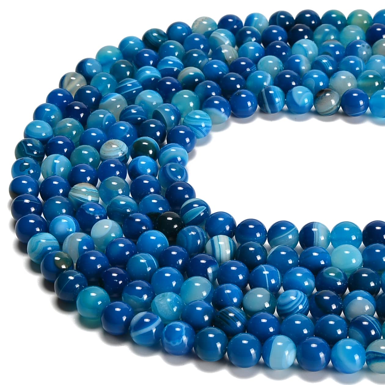 jodaying 10mm Blue Stripe Agate Smooth Round Natural Gematone Loose Beads for Jewelry Making DIY Findings 1 Strand 15"