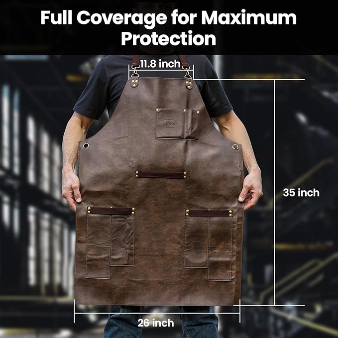 Leather Chef Cooking Apron for Men, Cross Back Apron for All-Day Comfort, Waterproof Apron with Multiple Pockets, Great for Kitchen, Baking, BBQ, Butcher Work or Crafts, Ideal Gift