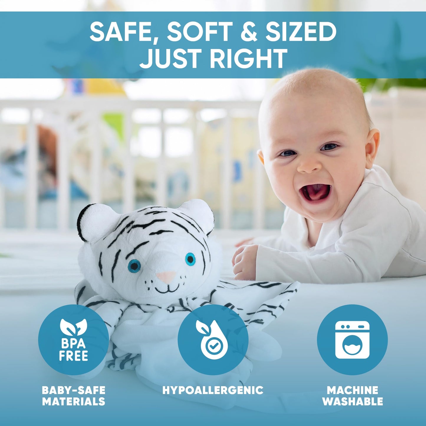 Love By Emi 4 in 1 Baby Lullaby Sleep Soother Toy - Stuffed Animal Sound Machine & Pacifier Holder | Heartbeat White Noise & Music | Plush White Tiger Lovey Sleep Aid Security Blanket (0-3 Years)