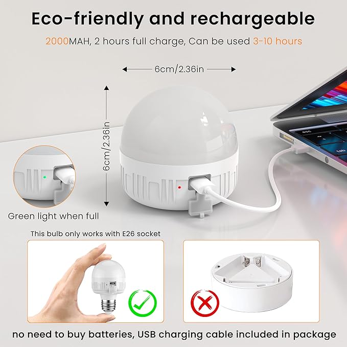 SCOPOW 2Packs E26 Rechargeable Light Bulbs with Remote Control, 5W 350lm Magnetically Battery Operated Light Bulbs 2000mAh, 3 Color Temperature, Timer, Dimmer for Non-Hardwired Lamp