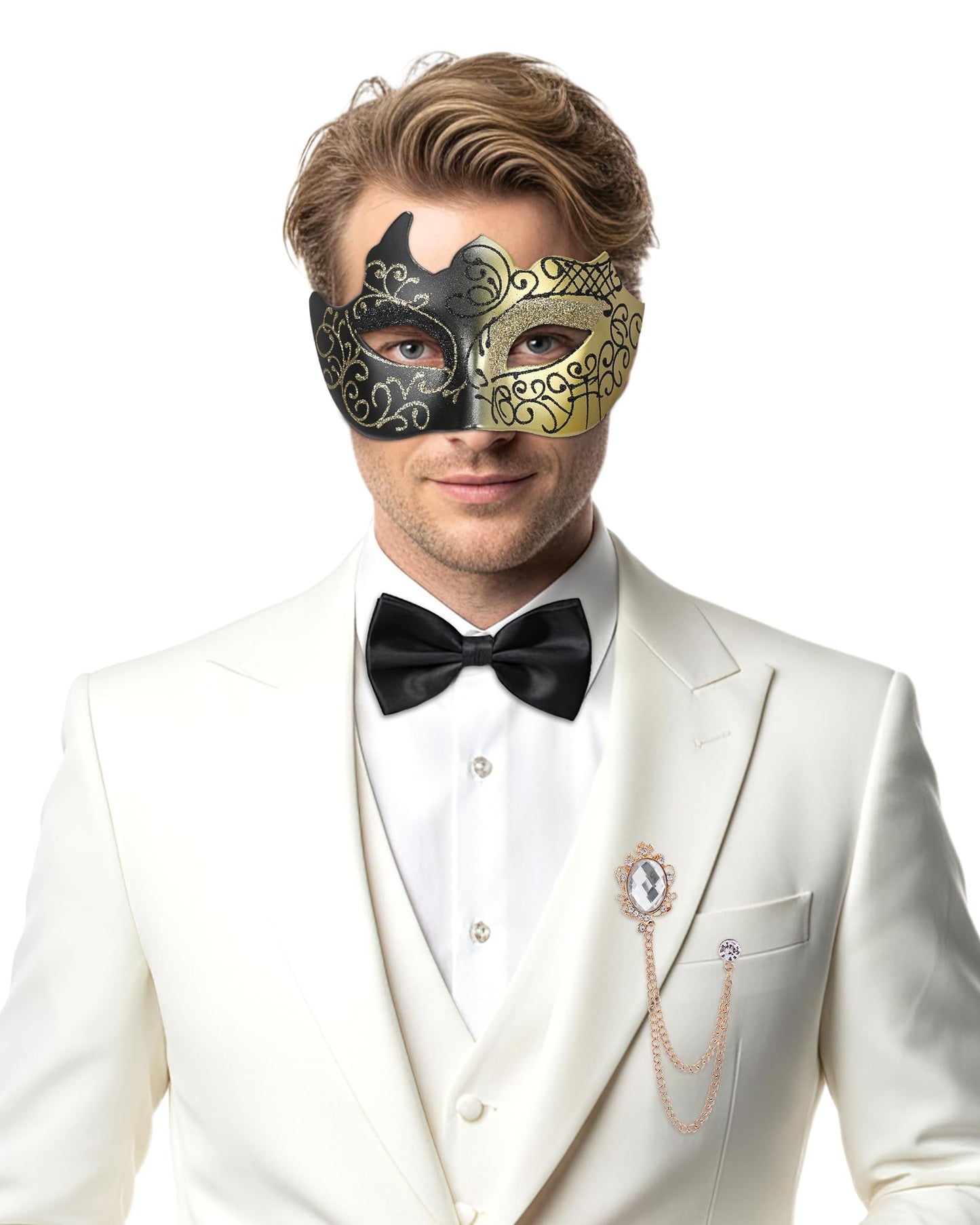 Zinniday 3 Pcs Masquerade Mask for Men, Black Gold Opera Venetian Mask Set with Rhinestone Brooch Bowtie, Opera Half Face Masks Kit for Man Halloween Prom Renaissance Carnival Party Accessory