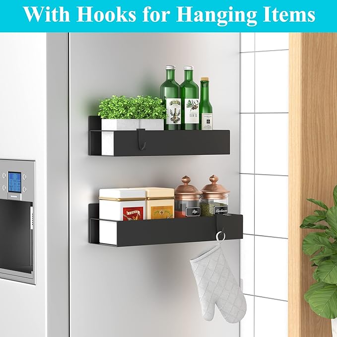 2 Pack Magnetic Spice Storage Rack Organizer for Refrigerator and Oven, Black Fridge Organizers and Storage