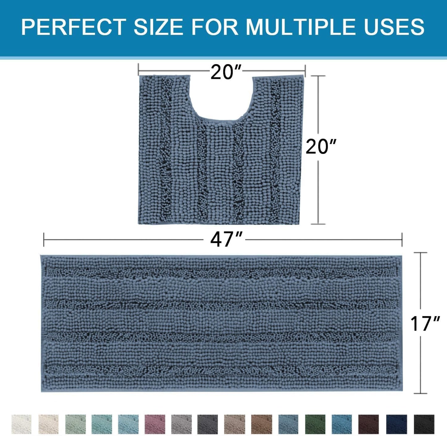 H.VERSAILTEX Bathroom Rug Sets 2 Piece Bath Mats Non Slip Thick Soft Chenille Striped Bath Rug achine Washable Shower Floor Rugs for Tub, Shower and Floor (Blue Indigo, 47"x17" Plus 20"x20" U)