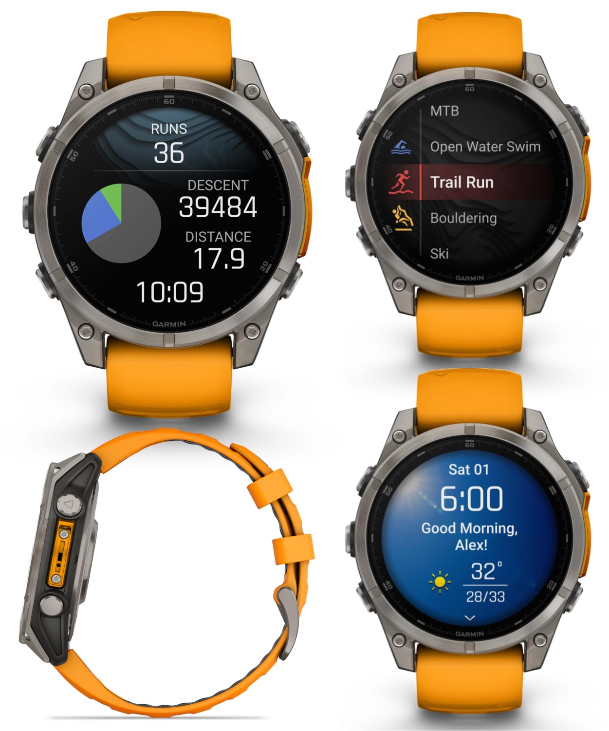 Wearable4U Garmin Fenix 8 - 47 Mm, Amoled Sapphire Multisport Gps Smartwatch,Titanium With Spark Orange/Graphite Silicone Band,
