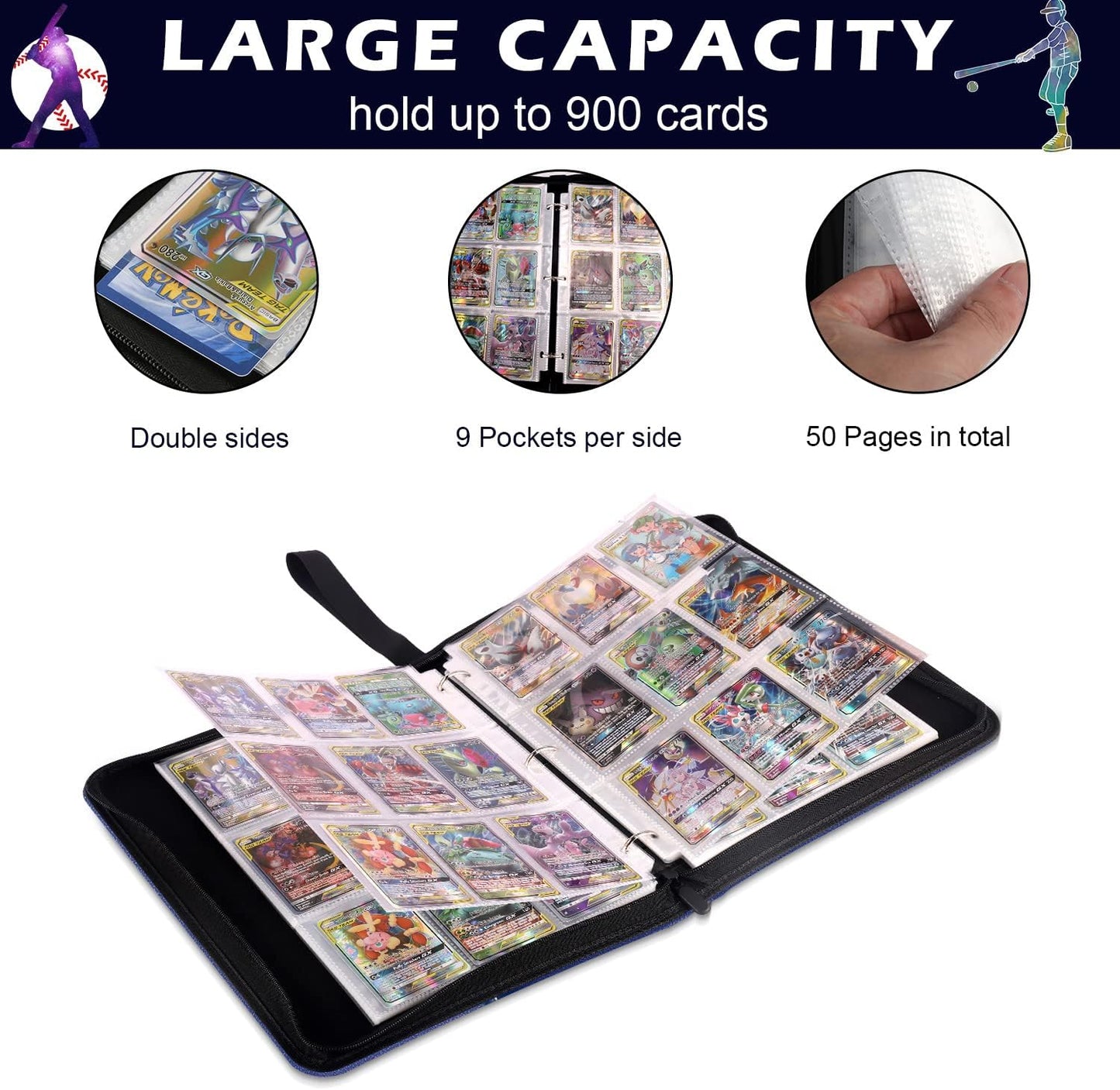 Baseball Card Binder 900 Pockets, Toploader Trading Card Holder with Removable Sleeves, Water-Resistant Blue Collector Album for Baseball Cards 2024-2025