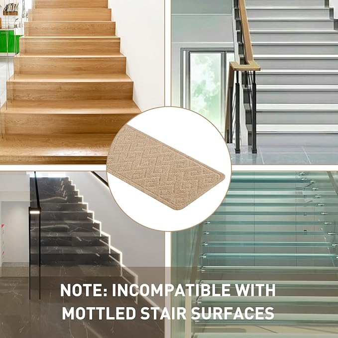 Stair Treads for Wooden Steps, 8" X 30" Non Slip Stair Runner Carpet Indoor with Reusable Adhesive Backing, Soft Tread Mat for Stairs, Ideal for Home, Polyester TPR Backing Stair Rugs-Beige 15 Pack