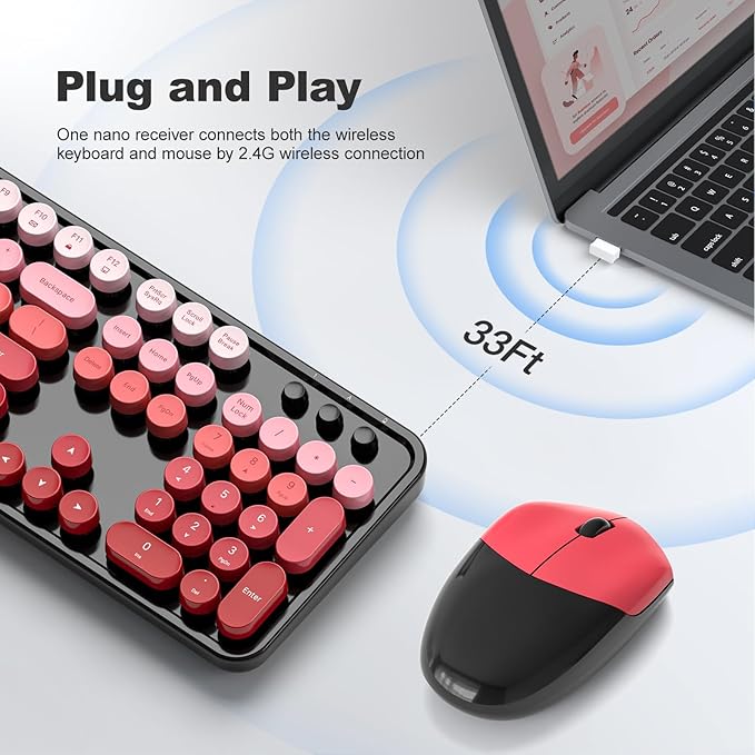 MOFII Wireless Keyboard and Mouse Combo, 2.4GHz Retro Typewriter Keyboard Full Size, Cute Wireless Mice, USB Dongle Plug and Play, for Laptop, PC, Desktop, Windows (Black Red Gradient Color)