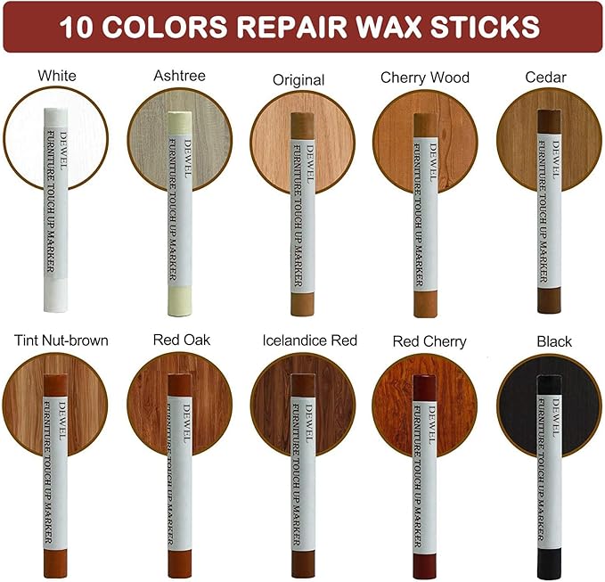 DEWEL Wood Filler Sticks, 10 Pcs Furniture Crayons for Scratches, Touch Up Wax Sticks, Upgrade Furniture Repair Wax Crayons Kit for Scratches, Holes, Floor, Table, Laminate, Carpenters