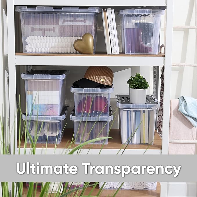 Superio Storage Box with Hinged Lids, Plastic Container Bins for Organizing with Attached Lid, Stackable Crates, BPA Free, Organizers for Home, 17 Quart (Clear with Grey Lids, 15"x10"x10.25")