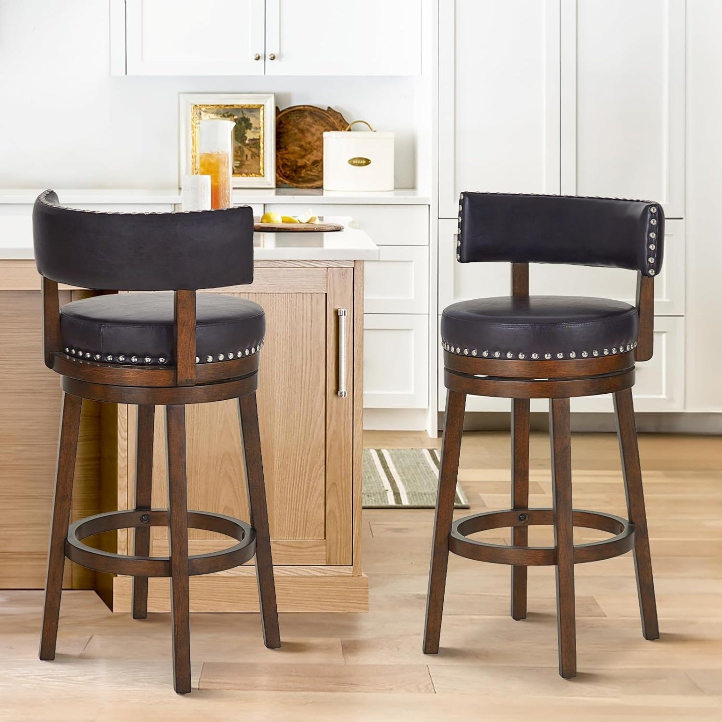 COLAMY Swivel Bar Stools Set of 2, 30 Inch Swivel Bar Height Bar Stools, Wood Swivel Barstools with Back, Modern Upholstered Wooden Barstools for Kitchen Island Dining Room Bar, Dark Brown