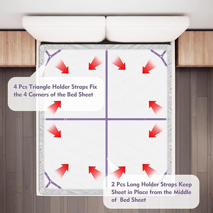 Bed Sheet Holder Straps, 4+2 Pcs Adjustable Mattress Sheet Clips, Bed Sheet Fasteners Elastic Sheet Suspenders to Keep Bed Sheet in Place for Different Beds (Purple)