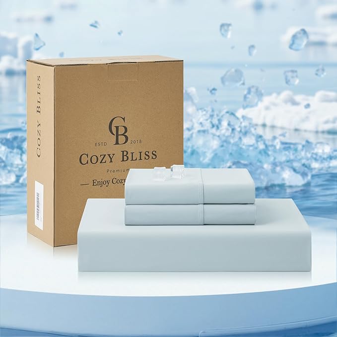 Cozy Bliss Premium Cooling Sheet Set Cali King Size, Q-Max>0.4, 3PCS No Flat Sheet with 2 Pillowcases, Breathable Fitted Sheet for Hot Sleepers & Night Sweats, Deep Pocket Up to 18 Inches, Cool Blue