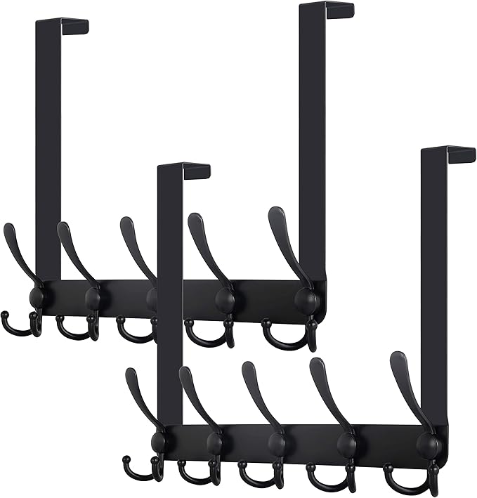 WEBI Over The Door Hooks,Door Hanger,Over The Door Towel Rack with 5 Triple Hooks for Hanging,Over Door Coat Rack Towel Hanger for Towels,Clothes,Bathroom,Black,2 Packs
