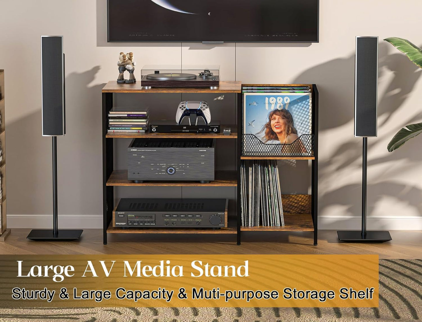 Large Record Player Stand Table with Vinyl Record Holder Up to 150PCS, AV Media Stand Stereo Cabinet Shelf Rack Tower with Storage, Sturdy, Adjustable Feet, Rustic, Large Capacity