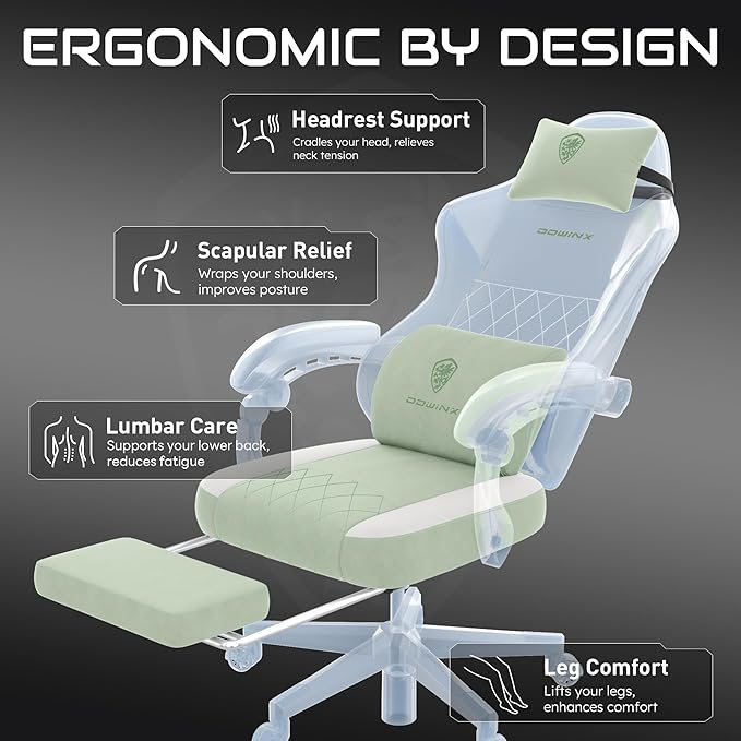 Dowinx Fabric Gaming Chair, Computer Office Chair with Pocket Spring Cushions and Lumbar Support, Ergonomic Massage Gaming Chairs with Footrest for Big and Tall, Green