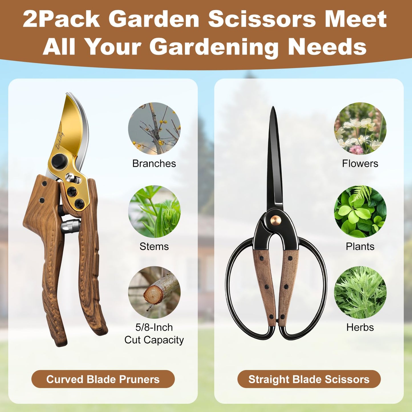 Dekeliy 2Pack Garden Pruning Shears Set: Ultra Sharp SK5 Blade Gardening Shears & Precision Garden Scissors,Wood Like&Wide Walnut Ergonomic Handle,Perfect for Plant,Bonsai,Shrub,floral,Branch Trimming