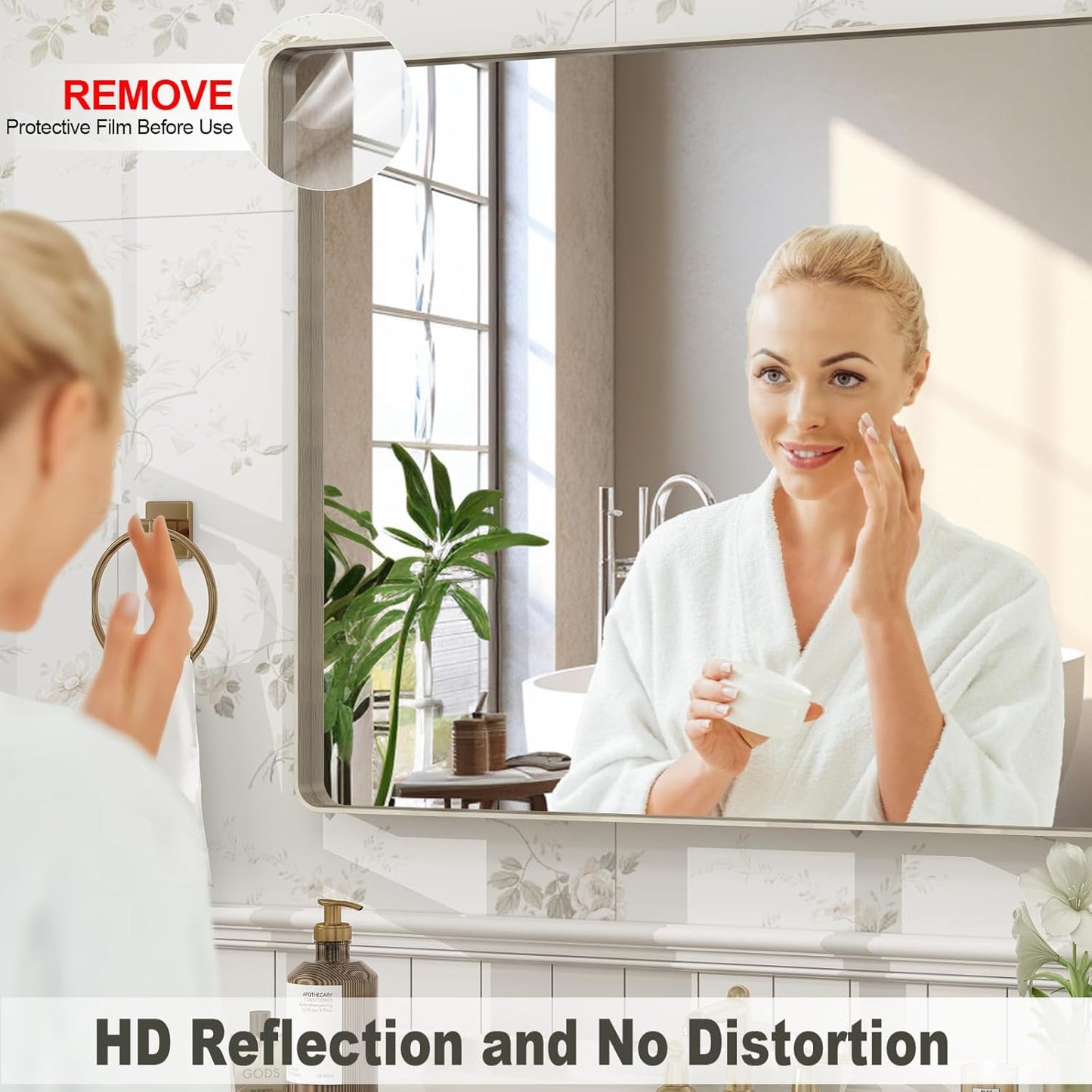 24x32 Inch Brushed Nickel Bathroom Mirror, Brushed Silver Metal Framed Wall Mirror, Rounded Corner Rectangle Modern Vanity Mirror, Tempered Glass, Anti-Rust, Shatterproof (Horizontal/Vertical)