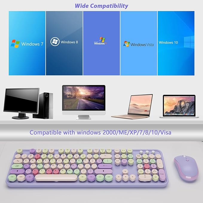 Wireless Typewriter Keyboard and Mouse - Wireless Keyboard with Silent Mouse, Cute Retro Keyboard Mouse Combo, 2.4G USB Computer Keyboard and Mouse for Windows Laptop/Desktop/PC(Purple)