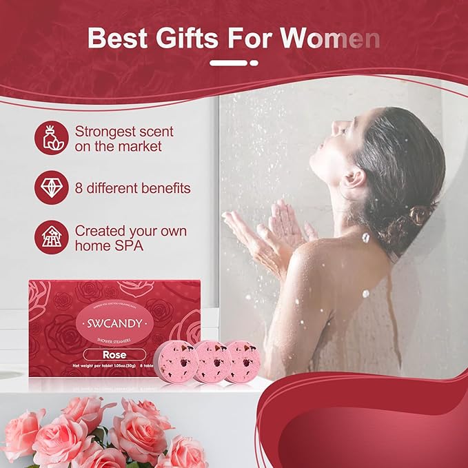 Shower Steamers Aromatherapy Birthday Gifts for Women Travel Essentials, 8 Pcs Rose, Bath Bombs Shower Bombs with Natural Essential Oils, Relaxation Home SPA