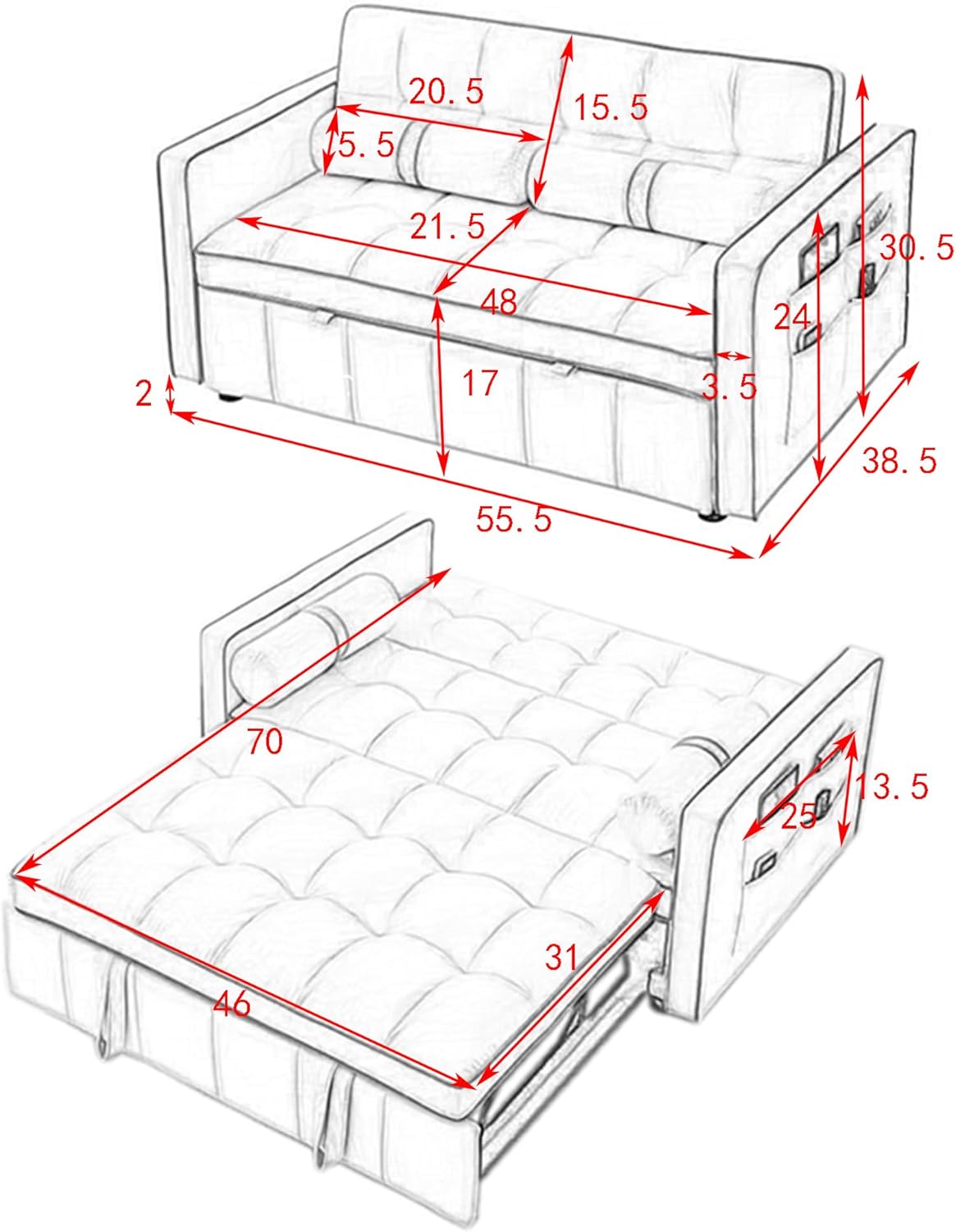 ERYE 3 in 1 Tufted Sleeper Sofa Bed with Cylindrical Pillows,Modern Convertible Loveseat Sofá W Pull Out Sleep Couch Bed and Side Pockets,Velvet Upholstered Love Seat Sofabed for Living Room