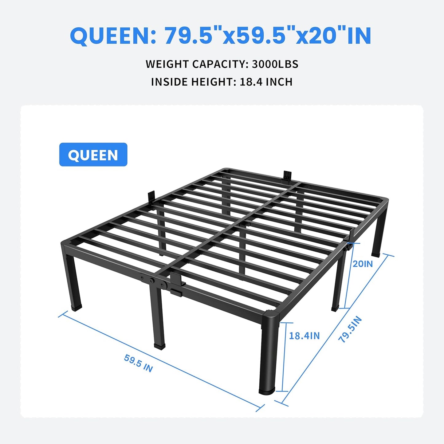 MAF 20 Inch Queen Size Bed Frame with Round Corner Legs Mattress Slide Stopper No Box Spring Needed Heavy Duty Metal Platform Bed Frames Under-Bed Storage Space, 3000 LBS Steel Slats Support