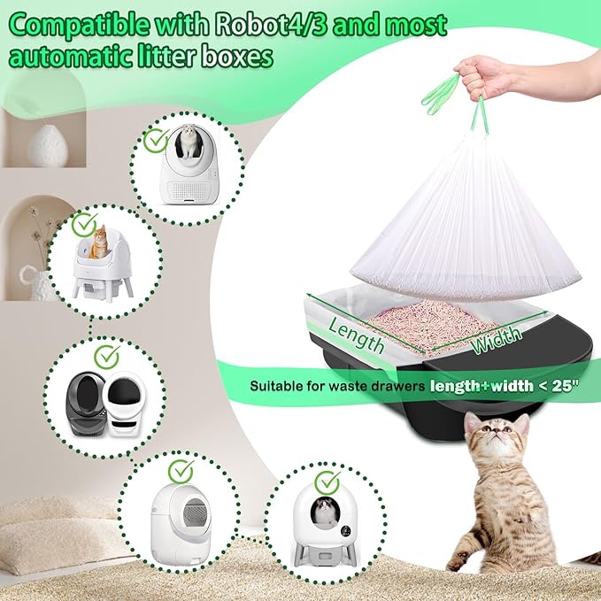 Litter Box Waste Bags for Robot 4/3, 50 Pack Drawstring Self Cleaning Automatic Cat Litter Box Liners, Extra Thick Waste Drawer Liners Heavy Duty