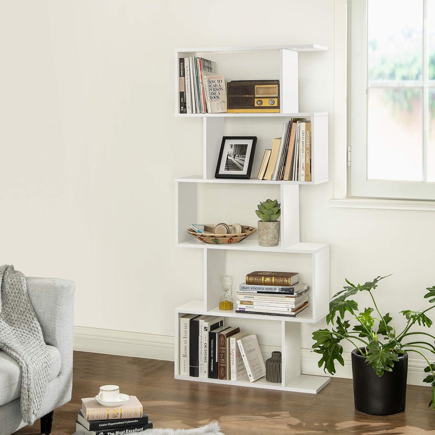 VASAGLE Wooden Bookcase, Display Shelf and Room Divider, Freestanding Decorative Storage Shelving, 5-Tier Bookshelf, White