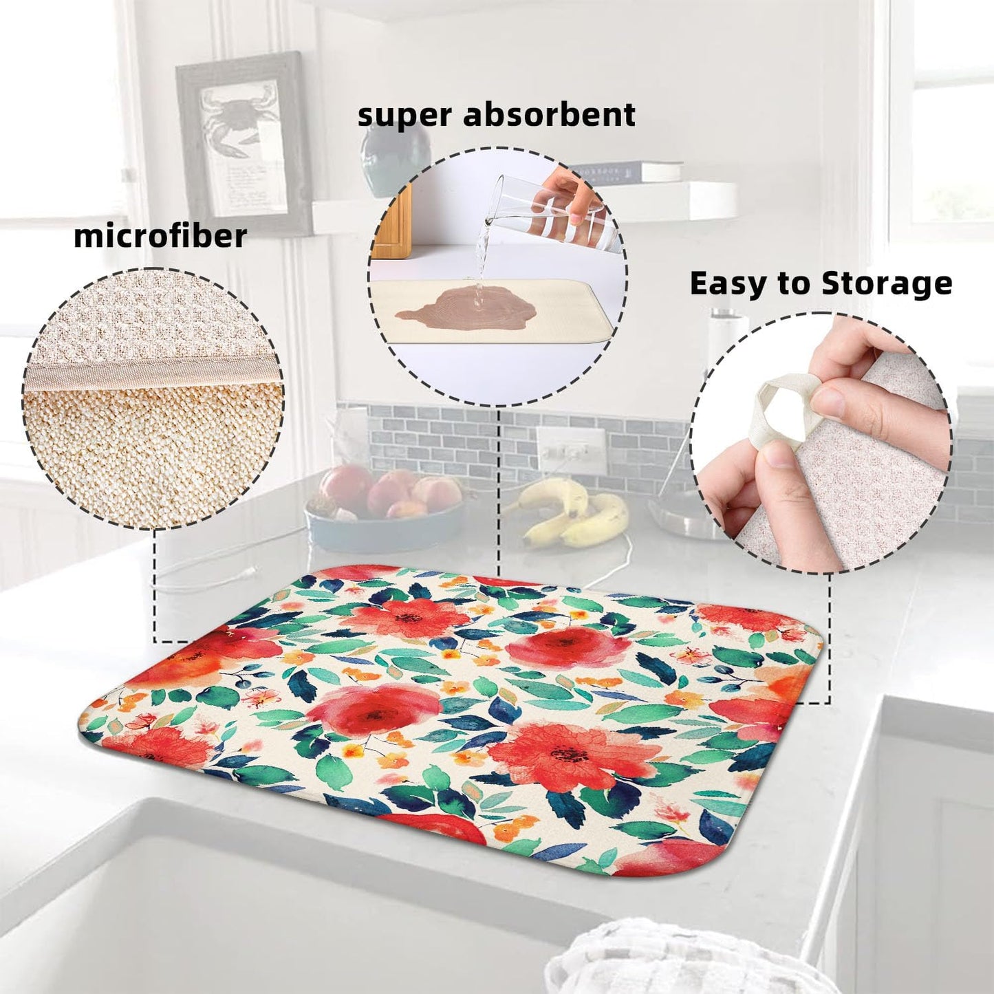 Flower Drying Mat 16" X 18" Red Rose Kitchen Counter Stone Large Dish Drying Mats For Kitchen Counter Blooming Plant Drying Mats For Home Counter Drying Mats For Dishes Dish Table Mat Drying Mat
