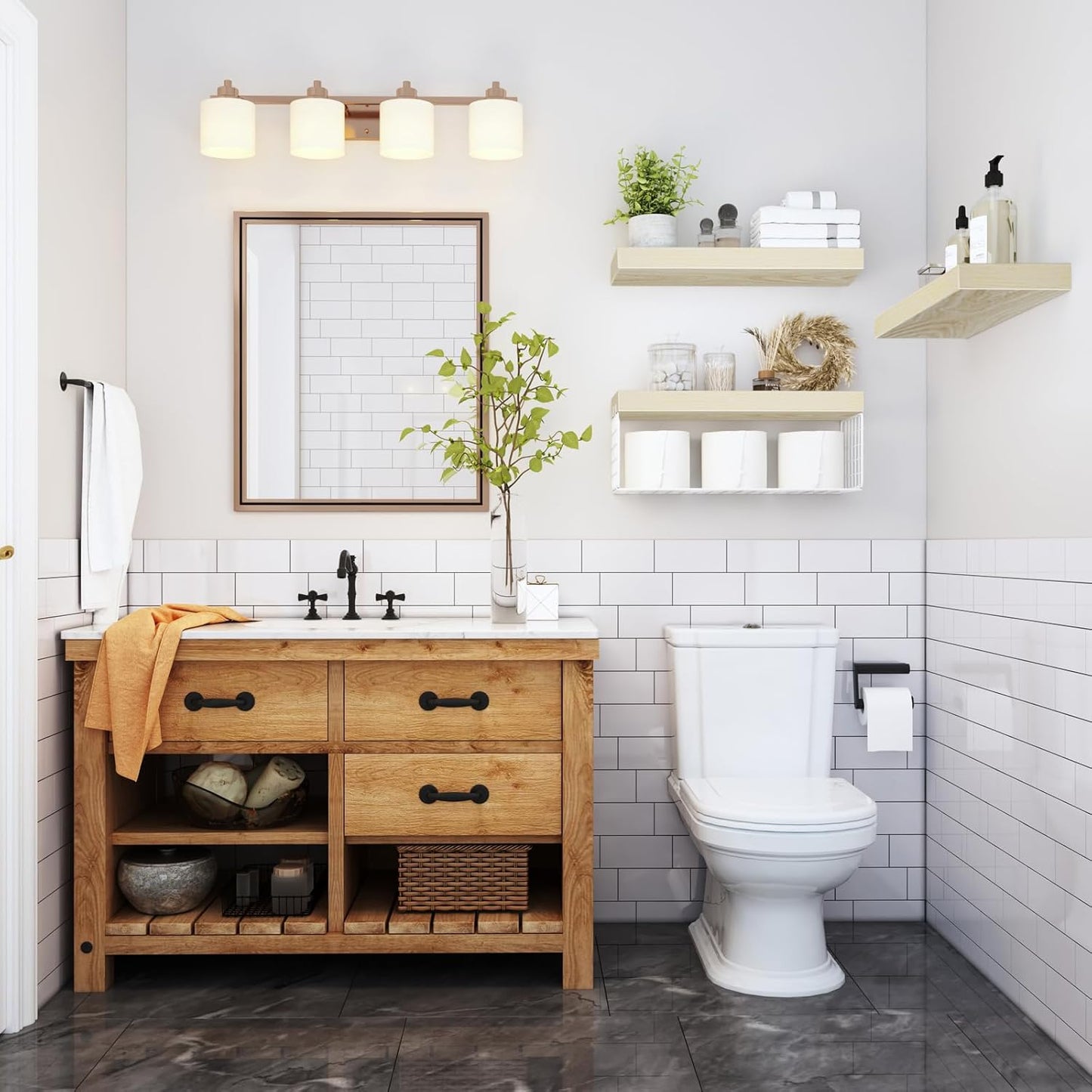 QEEIG Bathroom Shelves Over Toilet - Wall Mounted Floating Shelves Toilet Paper Storage Small Farmhouse Decor Shelf 16 inch Set of 3, Natural (019-BNW3)