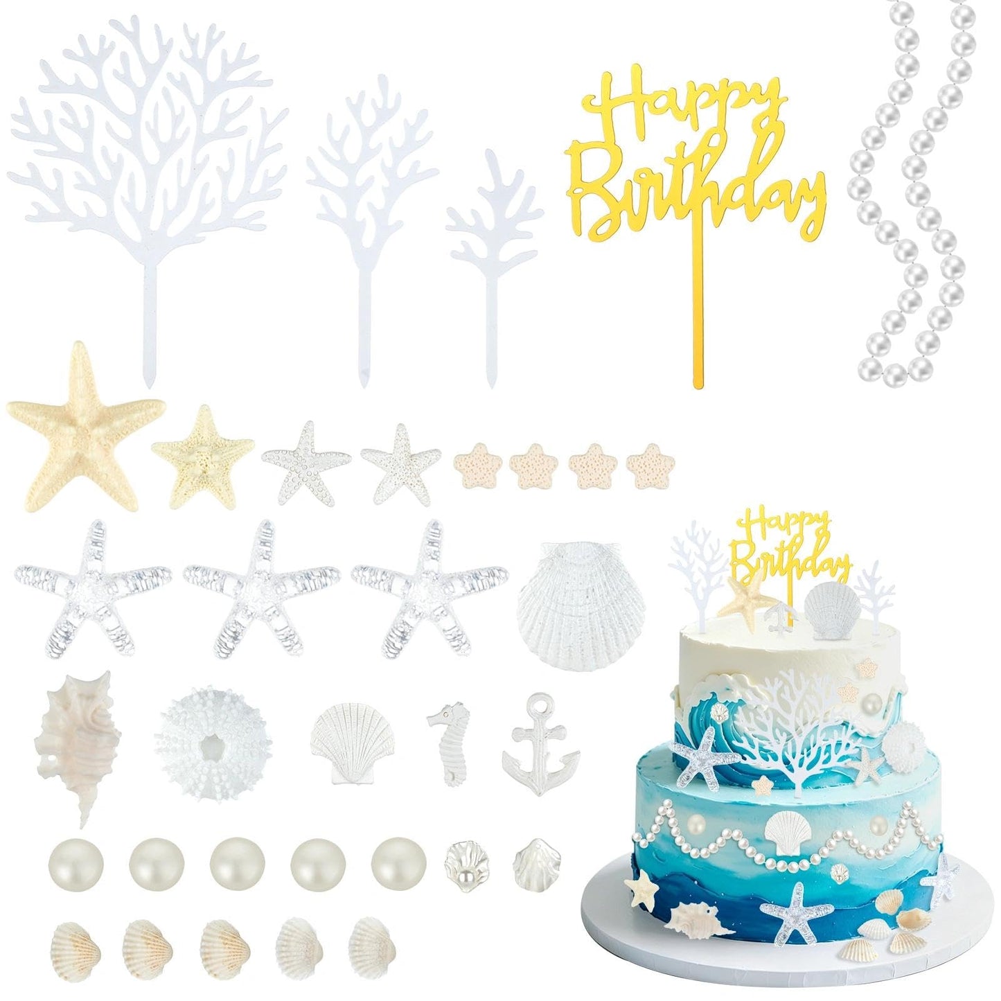 Prospura 34Pcs Beach Cake Topper Set, Under the Sea Theme Decorations with Golden Happy Birthday Sign, Ocean Seashells Starfish Conch for Summer Birthday Party Supplies