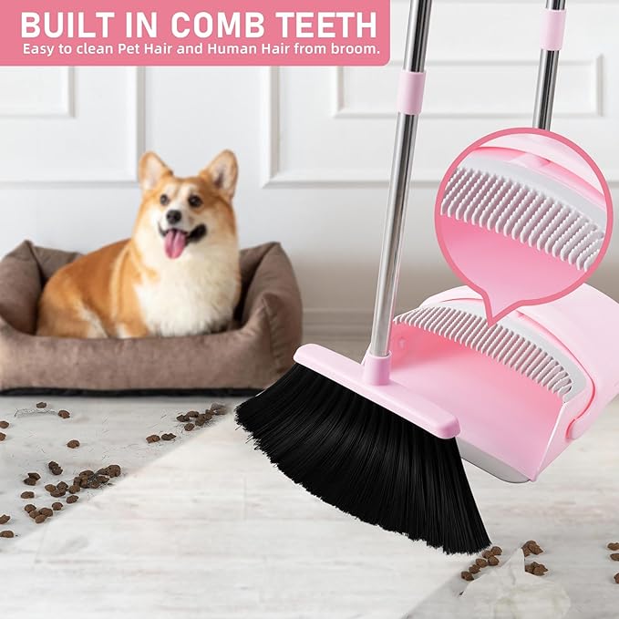 Broom and Dustpan Set, Broom with Dustpan Combo Set for Home 54-in Long Adjustable Handle Dustpan Teeth to Clean Hair for Home Office Kitchen Lobby