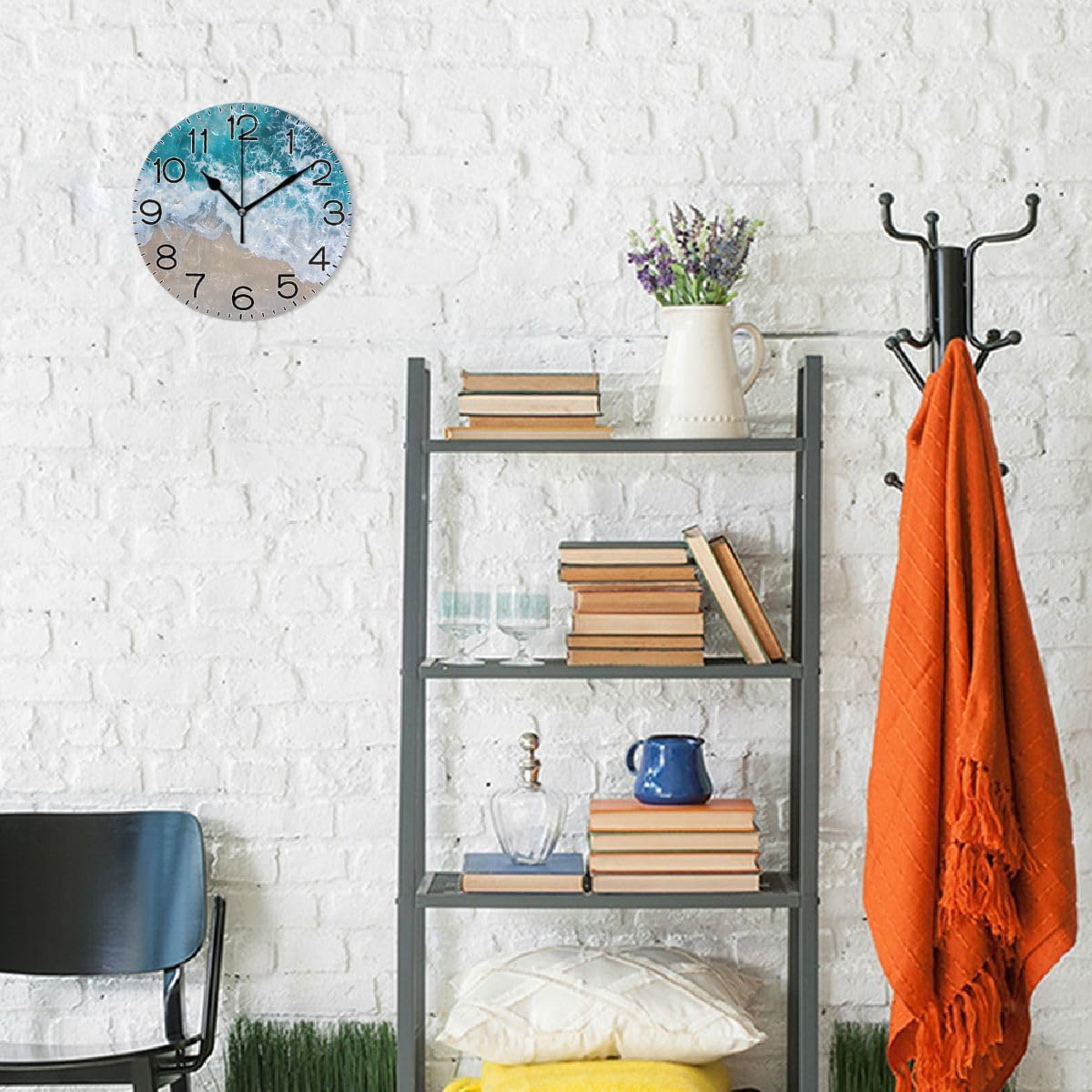 Beach Waves Wall Clock Battery Operated Non Ticking Silent Quartz Analog Rustic Farmhouse Round Clock Retro Decor for Home Kitchen Living Room Bathroom