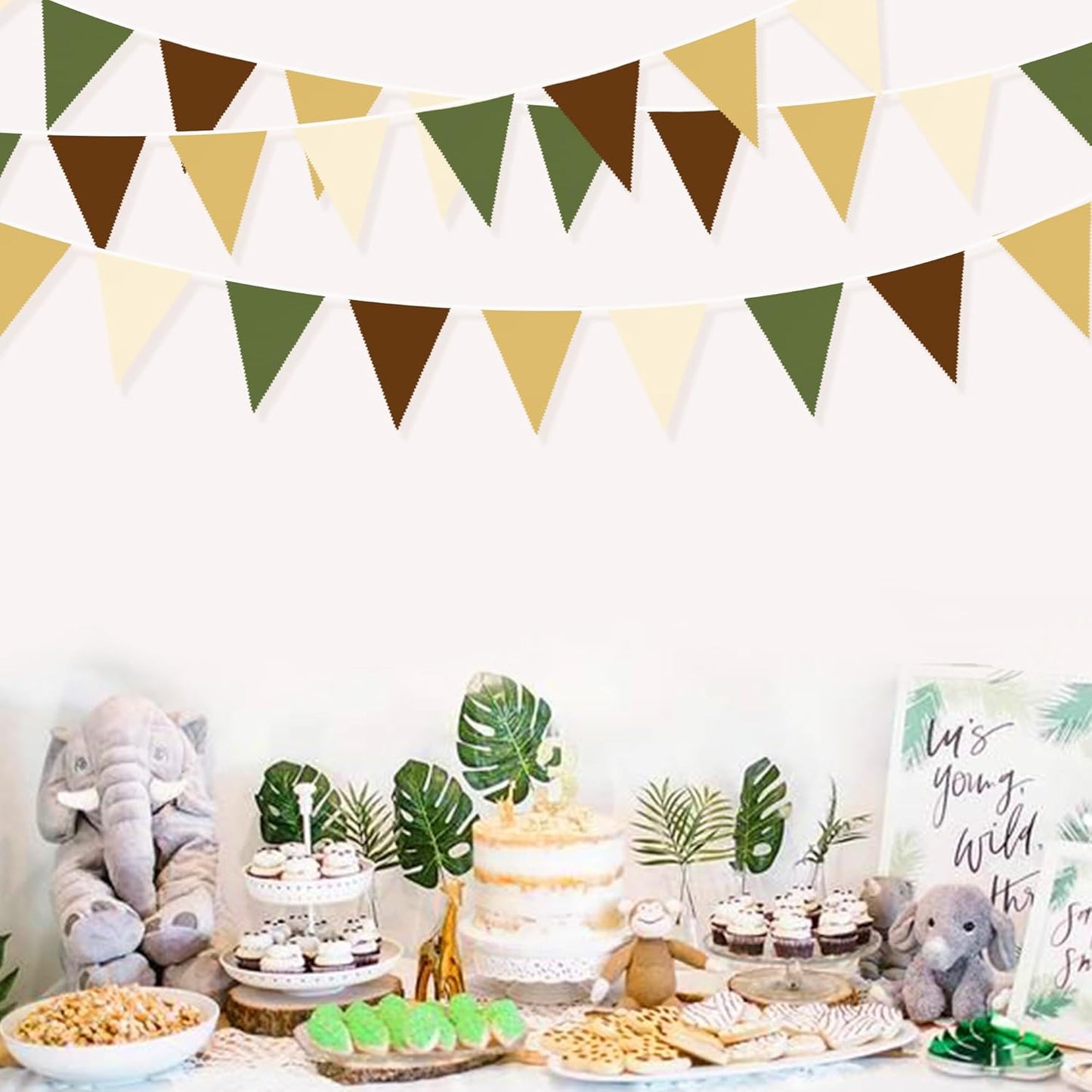 32Ft Woodland Party Decorations Olive Green Tan Brown Cream Neutral Triangle Flag Fabric Banner Pennant Bunting Garland Streamers for Birthday Wedding Baby Shower Jungle Safari Camping Party Decor