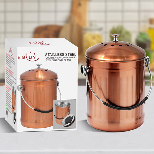 ENLOY Compost Bin for Kitchen Countertop, 1.3 Gallon Matte Copper Stainless Steel Compost Bucket with Lid, Odorless Food Waste Bucket with 2 Charcoal Filters, Indoor Compost Pail with SOFT-GRIP Handle
