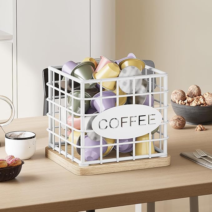 Coffee Pod Holder for K Cup, Large Capacity Coffee Pod Organizer, Versatile Coffee Capsule Storage Basket with Wooden Base, White KH10WN