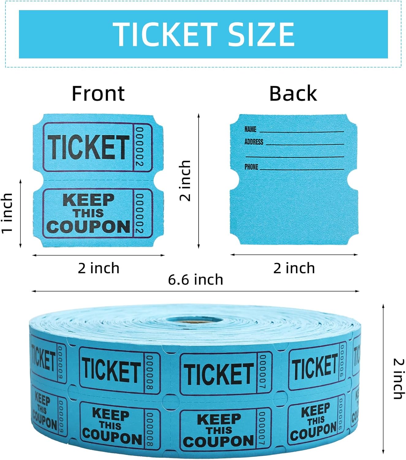 Raffle Tickets Roll - 2000 Tickets Double Roll for Fundraisers, Carnivals, Events - Durable Stub Design, Easy Tear & Organize(Blue)