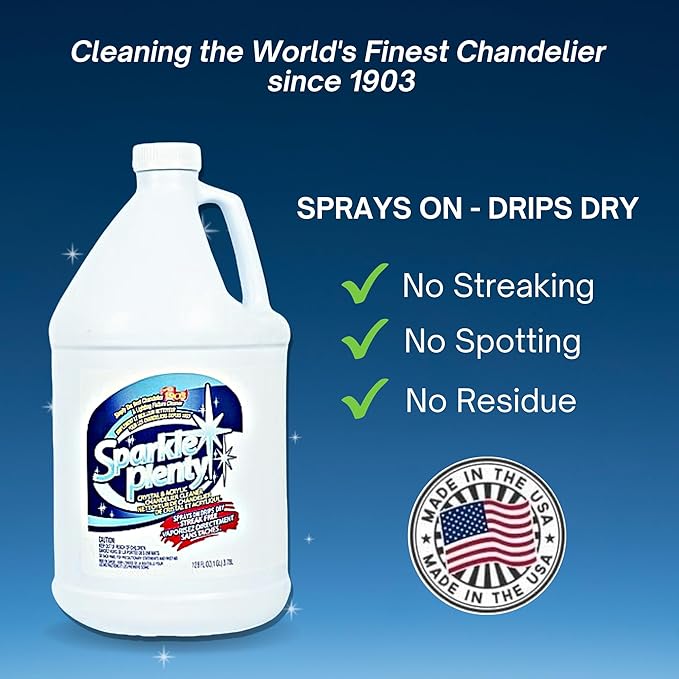 Sparkle Plenty Chandelier Cleaner Drip Dry Spray No Wipe -Dust Remover & Streak Free Glass Cleaner Spray for Crystal Chandelier & Window Screen -Versatile Household Cleaning Supplies (32 oz, 1 Gallon)