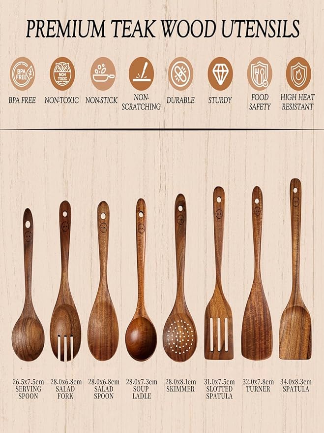 100% Natural Teak Wood Wooden Utensil Set – 8 Pcs Durable Kitchen Spoons for Cooking – Non-Stick & Heat Resistant, Eco-Friendly & Comfortable Grip