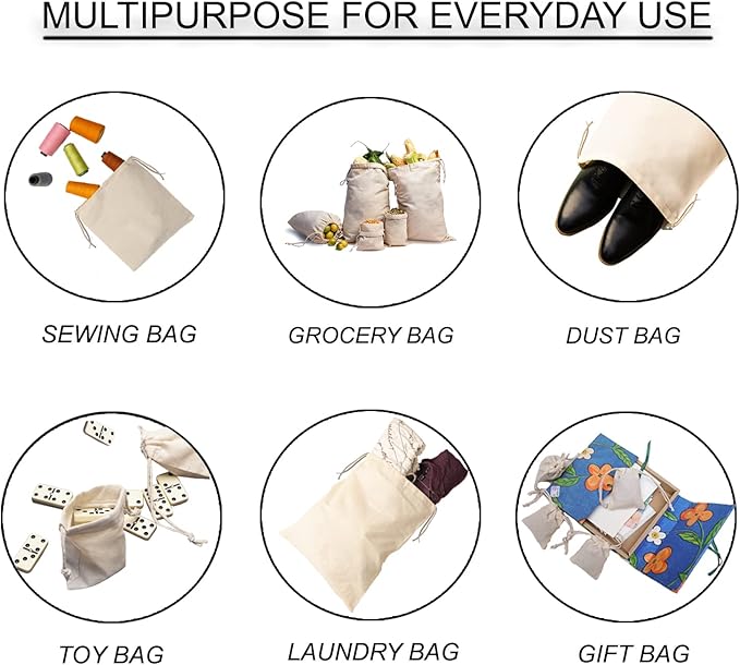 5x8 inches Natural Cotton Double Drawstring Reusable Produce Muslin Bags – Multipurpose Drawstring Storage Pouch for Everyday Use (Pack Of 100)