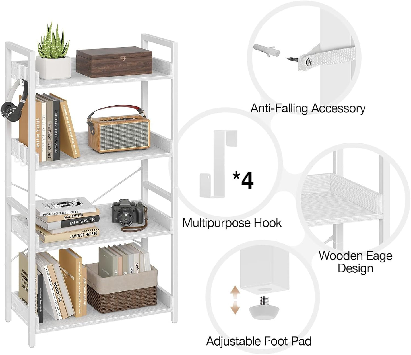 Rolanstar Bookshelf 4 Tier with 4 Hooks, Industrial Bookcase, Vintage Storage Rack with Open Shelves, Rustic Standing Bookshelves Metal Frame Display Rack for Living Room, Bedroom, White