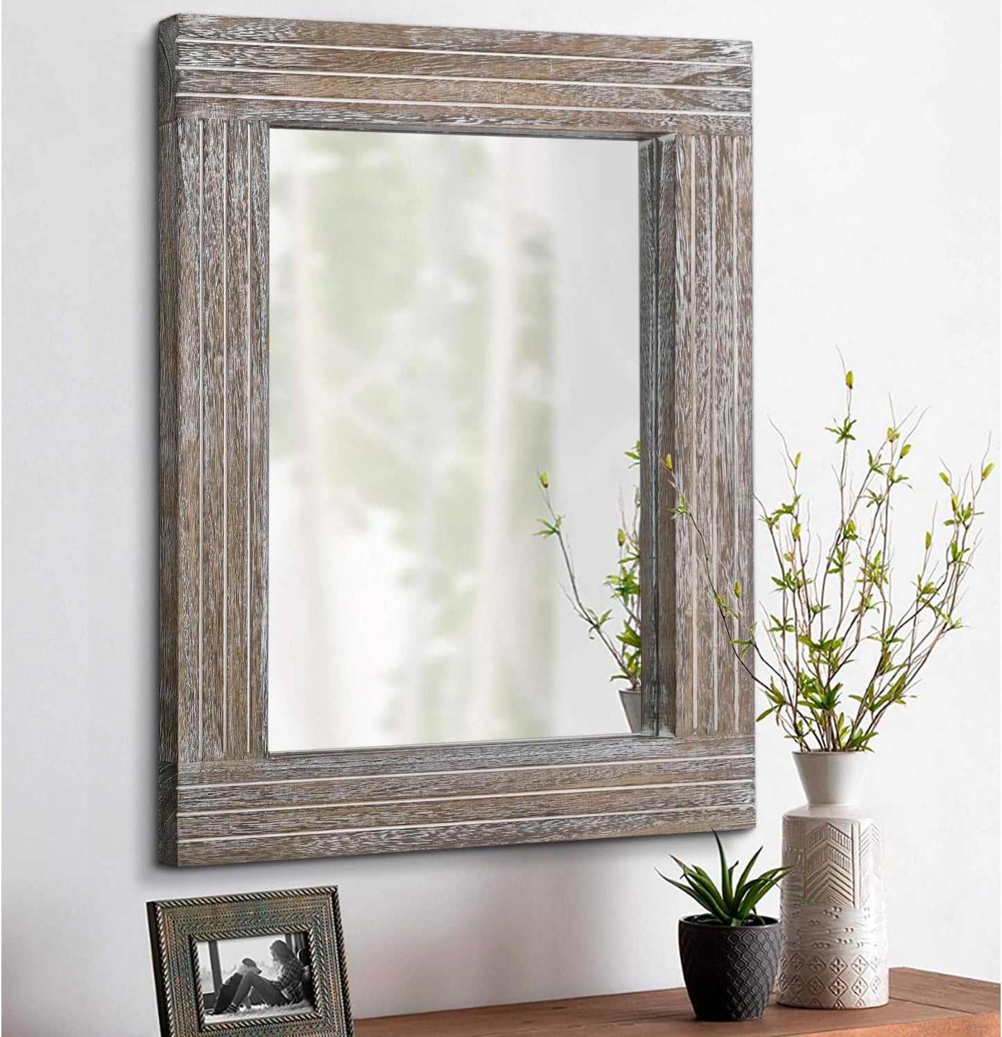 Rustic Wood Framed Wall Mirror Farmhouse Rectanglular Vintage Antique Decor Hanging Mirror for Bathroom Bedroom Living Room Entryway Small